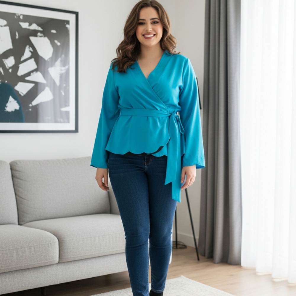 MARISA BERATELLI THAI SILK Elegant Blue Wrap Blouse